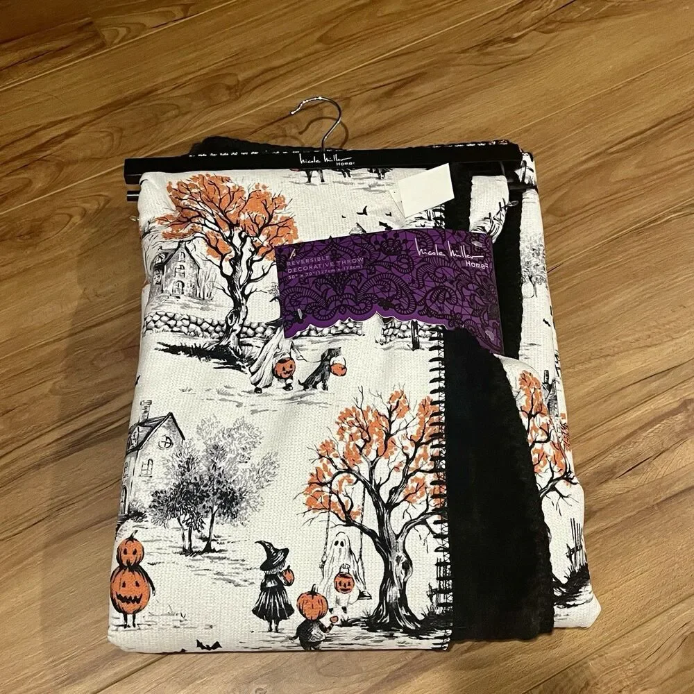 Nicole Miller Halloween Haunted Village Witch Plush Throw Blanket Cozy Fall